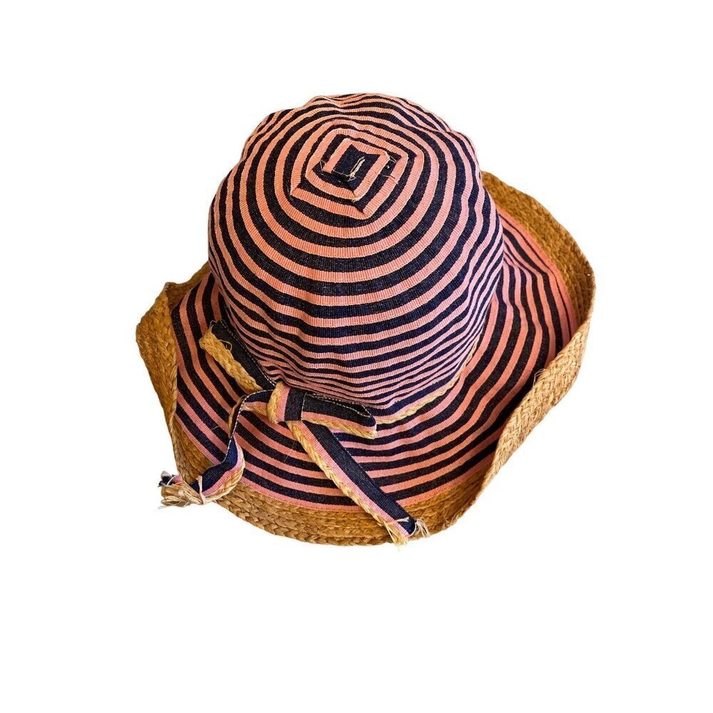 Sun & Sand Pink Blue Striped Sun Hat Natural Straw Trim One SIze